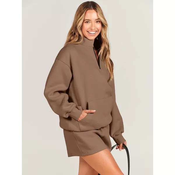 imageANRABESS Women 2 Piece Outfits Sweatsuit Oversized Half Zip Collared Sweatshirt amp Short Set Lounge Wear Tacksuit SetBrown