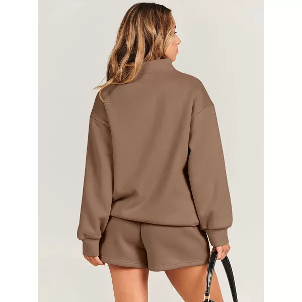 imageANRABESS Women 2 Piece Outfits Sweatsuit Oversized Half Zip Collared Sweatshirt amp Short Set Lounge Wear Tacksuit SetBrown