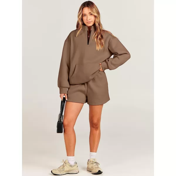 imageANRABESS Women 2 Piece Outfits Sweatsuit Oversized Half Zip Collared Sweatshirt amp Short Set Lounge Wear Tacksuit SetBrown