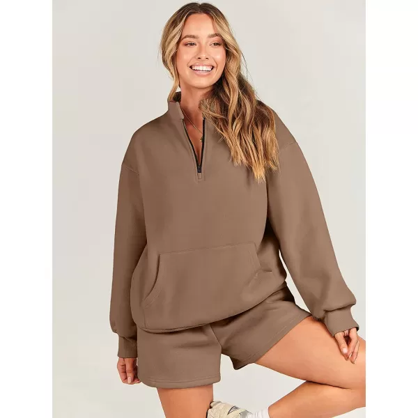 imageANRABESS Women 2 Piece Outfits Sweatsuit Oversized Half Zip Collared Sweatshirt amp Short Set Lounge Wear Tacksuit SetBrown