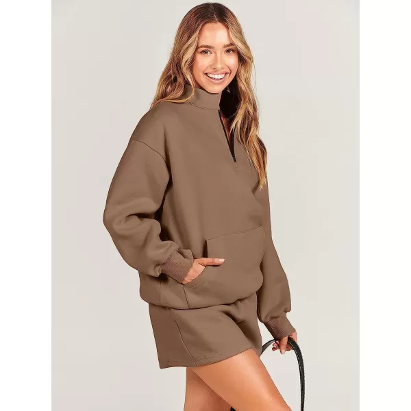 imageANRABESS Women 2 Piece Outfits Sweatsuit Oversized Half Zip Collared Sweatshirt amp Short Set Lounge Wear Tacksuit SetBrown