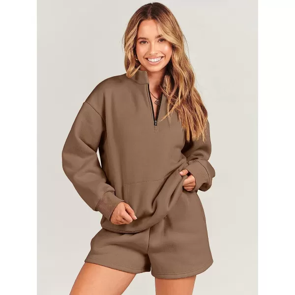 imageANRABESS Women 2 Piece Outfits Sweatsuit Oversized Half Zip Collared Sweatshirt amp Short Set Lounge Wear Tacksuit SetBrown