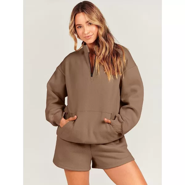 imageANRABESS Women 2 Piece Outfits Sweatsuit Oversized Half Zip Collared Sweatshirt amp Short Set Lounge Wear Tacksuit SetBrown