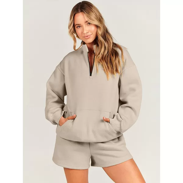imageANRABESS Women 2 Piece Outfits Sweatsuit Oversized Half Zip Collared Sweatshirt amp Short Set Lounge Wear Tacksuit SetCoffee