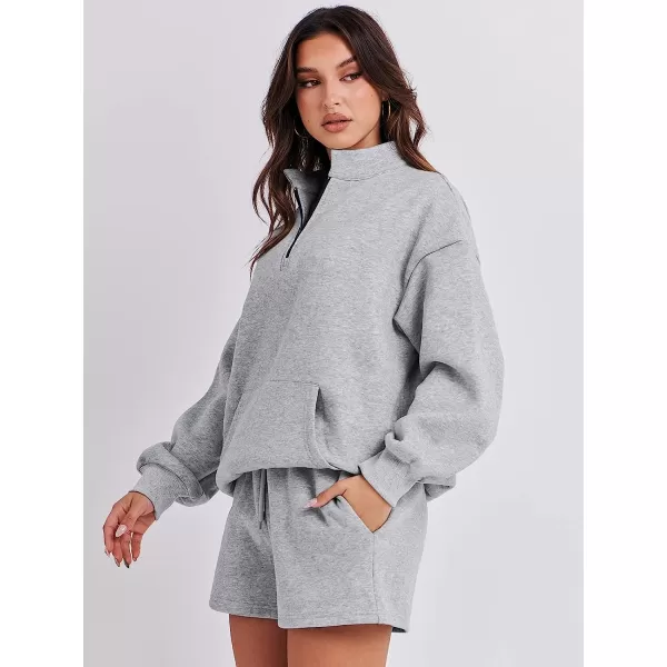 imageANRABESS Women 2 Piece Outfits Sweatsuit Oversized Half Zip Collared Sweatshirt amp Short Set Lounge Wear Tacksuit SetGray