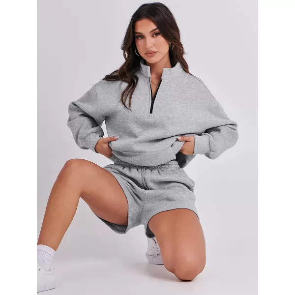 imageANRABESS Women 2 Piece Outfits Sweatsuit Oversized Half Zip Collared Sweatshirt amp Short Set Lounge Wear Tacksuit SetGray