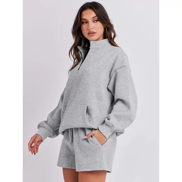 imageANRABESS Women 2 Piece Outfits Sweatsuit Oversized Half Zip Collared Sweatshirt amp Short Set Lounge Wear Tacksuit SetGray