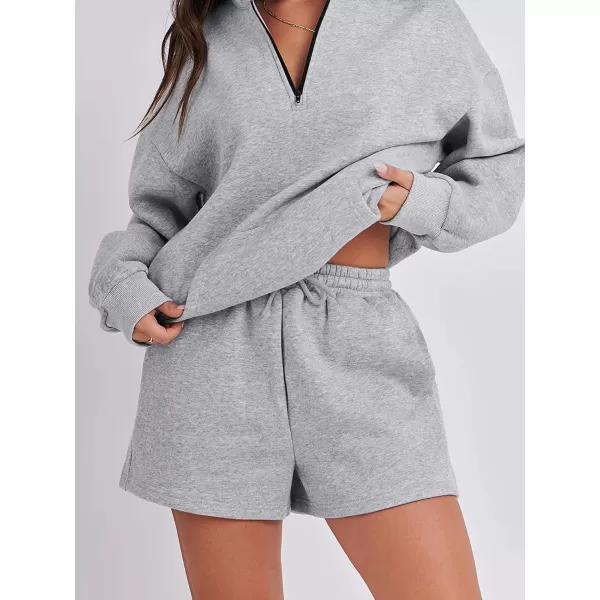 imageANRABESS Women 2 Piece Outfits Sweatsuit Oversized Half Zip Collared Sweatshirt amp Short Set Lounge Wear Tacksuit SetGray