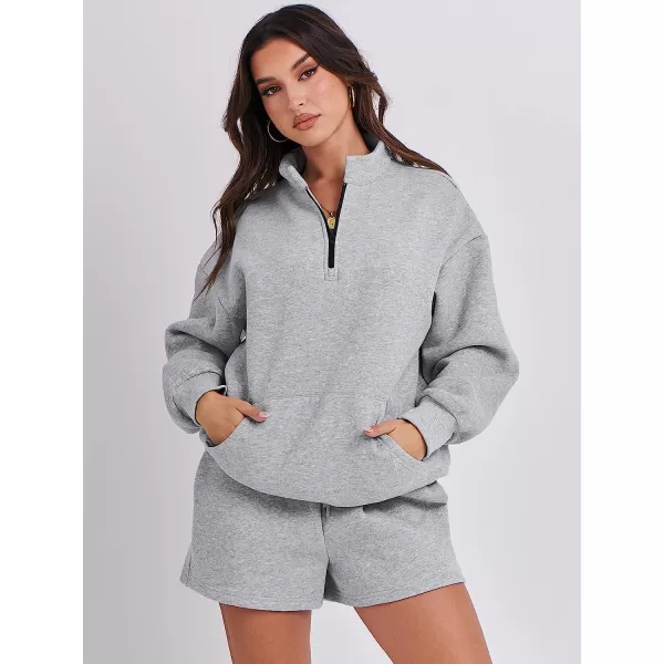 imageANRABESS Women 2 Piece Outfits Sweatsuit Oversized Half Zip Collared Sweatshirt amp Short Set Lounge Wear Tacksuit SetGray