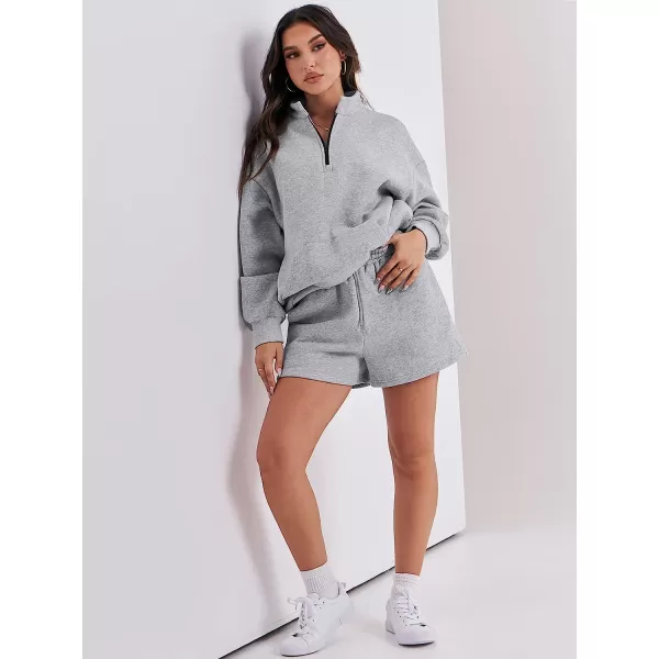 imageANRABESS Women 2 Piece Outfits Sweatsuit Oversized Half Zip Collared Sweatshirt amp Short Set Lounge Wear Tacksuit SetGray