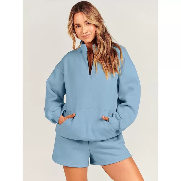 imageANRABESS Women 2 Piece Outfits Sweatsuit Oversized Half Zip Collared Sweatshirt amp Short Set Lounge Wear Tacksuit SetGrey
