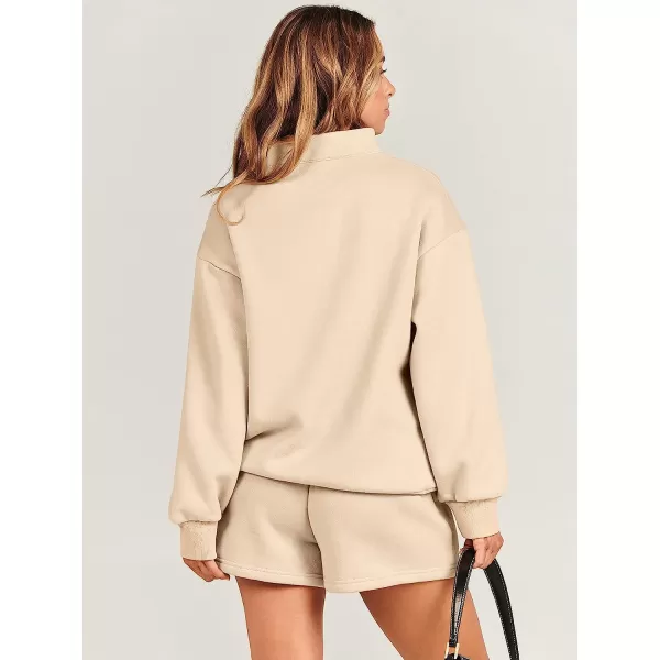 imageANRABESS Women 2 Piece Outfits Sweatsuit Oversized Half Zip Collared Sweatshirt amp Short Set Lounge Wear Tacksuit SetKhaki