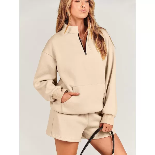 imageANRABESS Women 2 Piece Outfits Sweatsuit Oversized Half Zip Collared Sweatshirt amp Short Set Lounge Wear Tacksuit SetKhaki