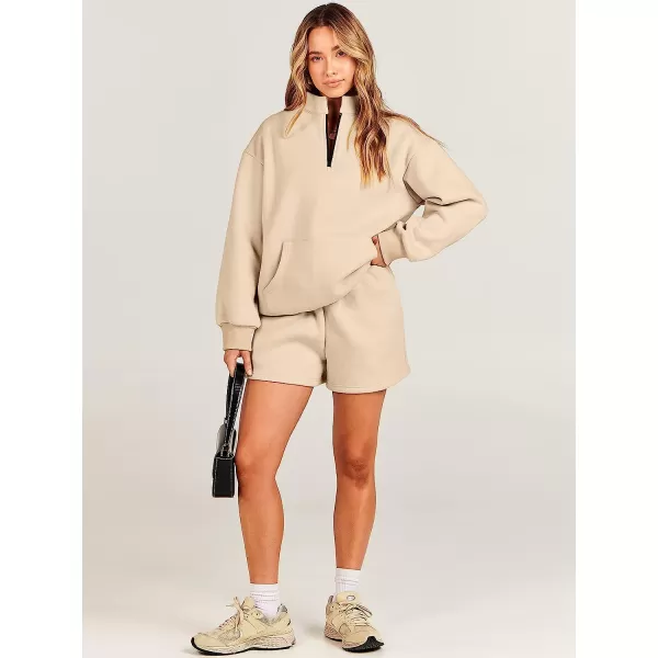 imageANRABESS Women 2 Piece Outfits Sweatsuit Oversized Half Zip Collared Sweatshirt amp Short Set Lounge Wear Tacksuit SetKhaki