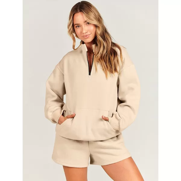 imageANRABESS Women 2 Piece Outfits Sweatsuit Oversized Half Zip Collared Sweatshirt amp Short Set Lounge Wear Tacksuit SetKhaki