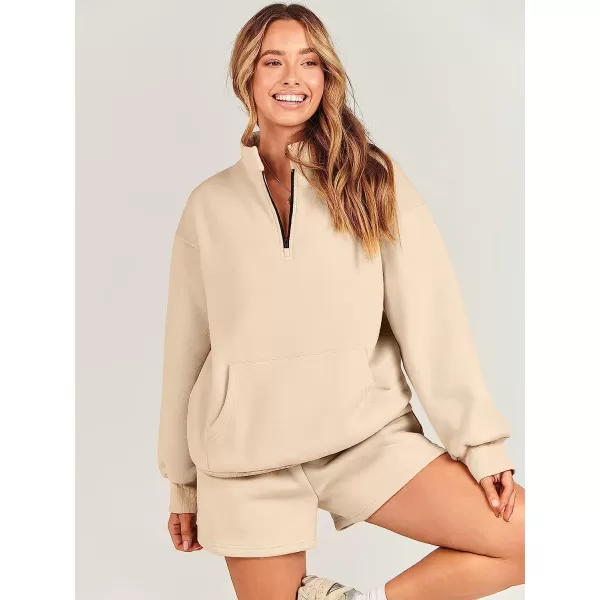 imageANRABESS Women 2 Piece Outfits Sweatsuit Oversized Half Zip Collared Sweatshirt amp Short Set Lounge Wear Tacksuit SetKhaki