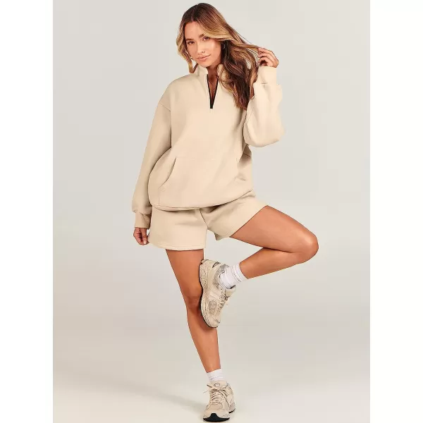 imageANRABESS Women 2 Piece Outfits Sweatsuit Oversized Half Zip Collared Sweatshirt amp Short Set Lounge Wear Tacksuit SetKhaki