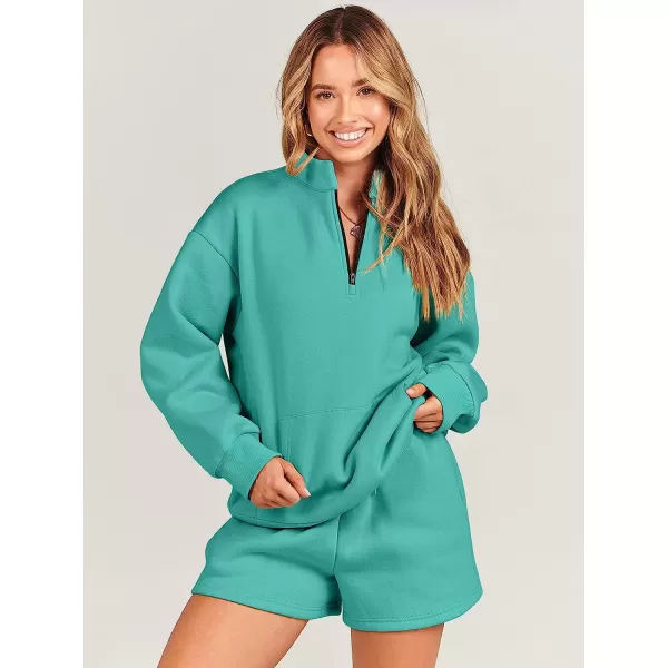 imageANRABESS Women 2 Piece Outfits Sweatsuit Oversized Half Zip Collared Sweatshirt amp Short Set Lounge Wear Tacksuit SetLake Green