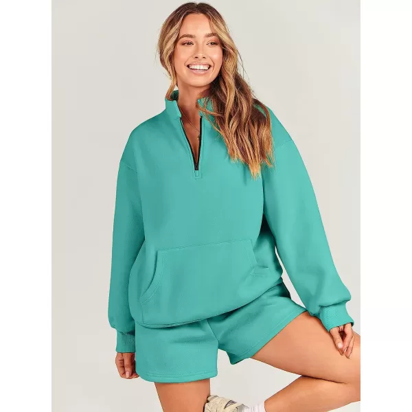 imageANRABESS Women 2 Piece Outfits Sweatsuit Oversized Half Zip Collared Sweatshirt amp Short Set Lounge Wear Tacksuit SetLake Green
