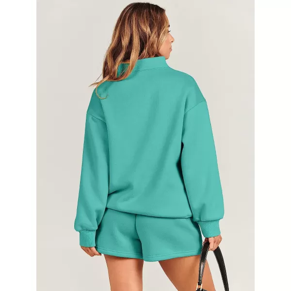 imageANRABESS Women 2 Piece Outfits Sweatsuit Oversized Half Zip Collared Sweatshirt amp Short Set Lounge Wear Tacksuit SetLake Green