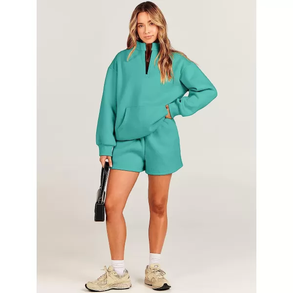 imageANRABESS Women 2 Piece Outfits Sweatsuit Oversized Half Zip Collared Sweatshirt amp Short Set Lounge Wear Tacksuit SetLake Green
