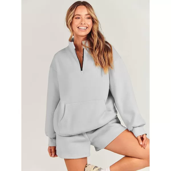 imageANRABESS Women 2 Piece Outfits Sweatsuit Oversized Half Zip Collared Sweatshirt amp Short Set Lounge Wear Tacksuit SetLight Gray