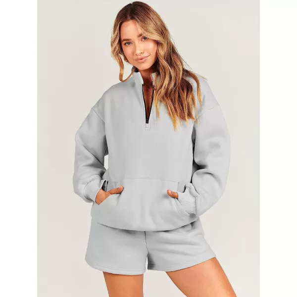 imageANRABESS Women 2 Piece Outfits Sweatsuit Oversized Half Zip Collared Sweatshirt amp Short Set Lounge Wear Tacksuit SetLight Gray