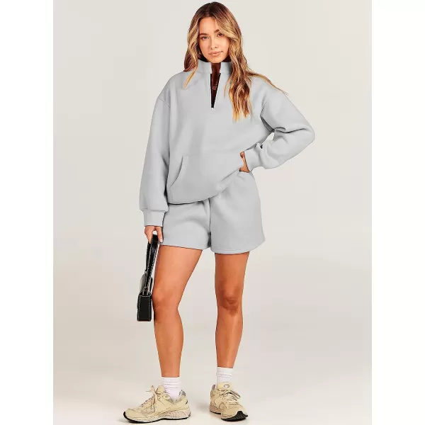 imageANRABESS Women 2 Piece Outfits Sweatsuit Oversized Half Zip Collared Sweatshirt amp Short Set Lounge Wear Tacksuit SetLight Gray