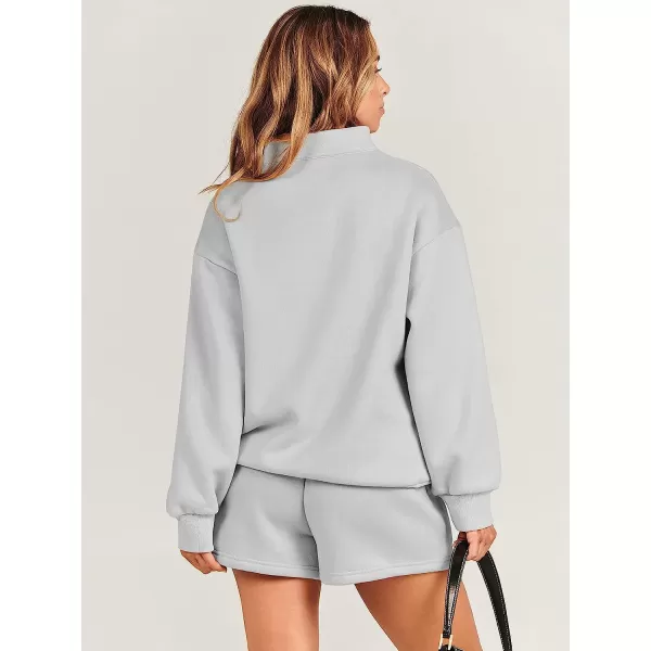 imageANRABESS Women 2 Piece Outfits Sweatsuit Oversized Half Zip Collared Sweatshirt amp Short Set Lounge Wear Tacksuit SetLight Gray