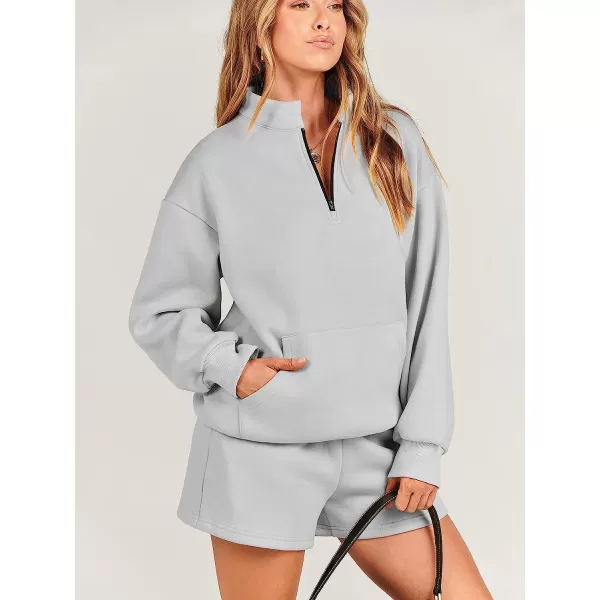 imageANRABESS Women 2 Piece Outfits Sweatsuit Oversized Half Zip Collared Sweatshirt amp Short Set Lounge Wear Tacksuit SetLight Gray