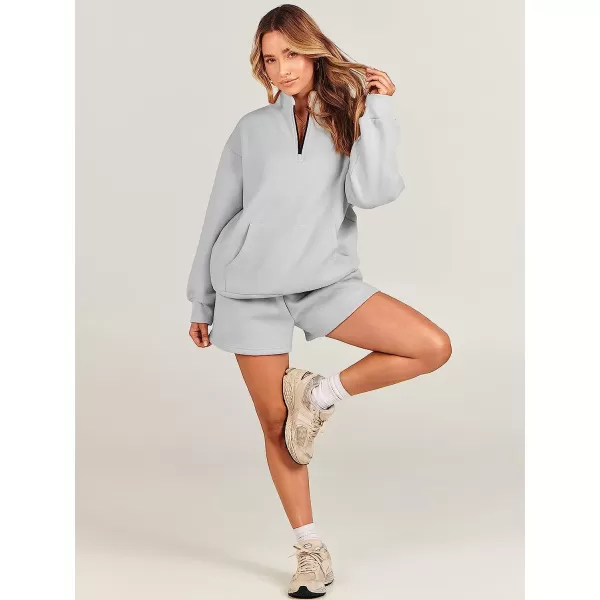 imageANRABESS Women 2 Piece Outfits Sweatsuit Oversized Half Zip Collared Sweatshirt amp Short Set Lounge Wear Tacksuit SetLight Gray