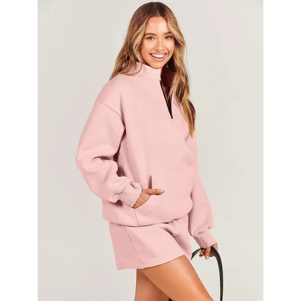 imageANRABESS Women 2 Piece Outfits Sweatsuit Oversized Half Zip Collared Sweatshirt amp Short Set Lounge Wear Tacksuit SetPink