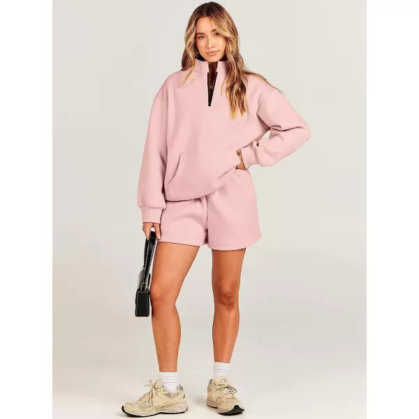 imageANRABESS Women 2 Piece Outfits Sweatsuit Oversized Half Zip Collared Sweatshirt amp Short Set Lounge Wear Tacksuit SetPink
