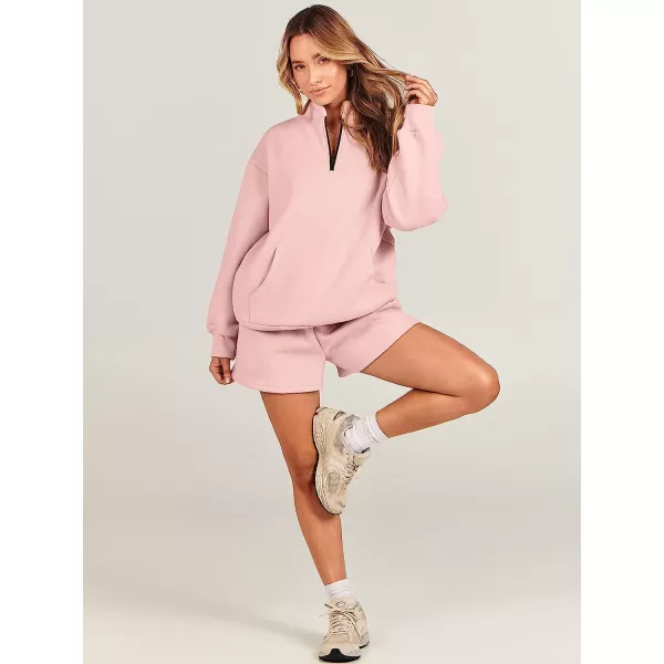 imageANRABESS Women 2 Piece Outfits Sweatsuit Oversized Half Zip Collared Sweatshirt amp Short Set Lounge Wear Tacksuit SetPink