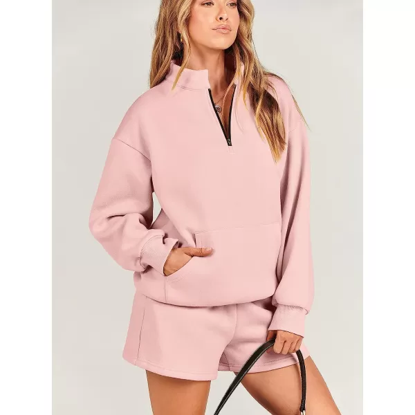 imageANRABESS Women 2 Piece Outfits Sweatsuit Oversized Half Zip Collared Sweatshirt amp Short Set Lounge Wear Tacksuit SetPink