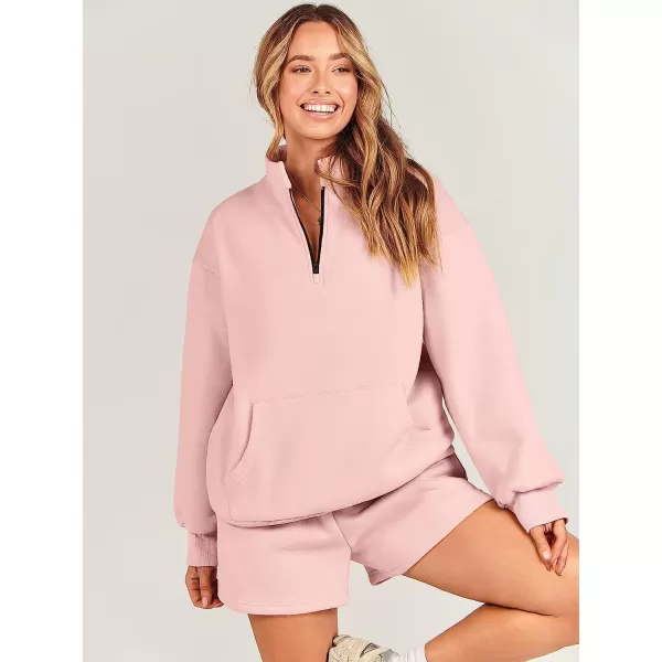 imageANRABESS Women 2 Piece Outfits Sweatsuit Oversized Half Zip Collared Sweatshirt amp Short Set Lounge Wear Tacksuit SetPink