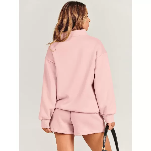imageANRABESS Women 2 Piece Outfits Sweatsuit Oversized Half Zip Collared Sweatshirt amp Short Set Lounge Wear Tacksuit SetPink