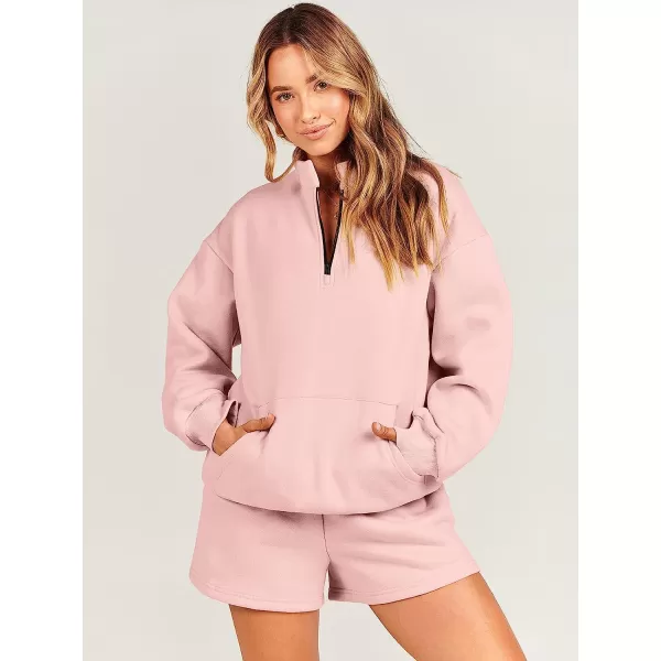 imageANRABESS Women 2 Piece Outfits Sweatsuit Oversized Half Zip Collared Sweatshirt amp Short Set Lounge Wear Tacksuit SetPink