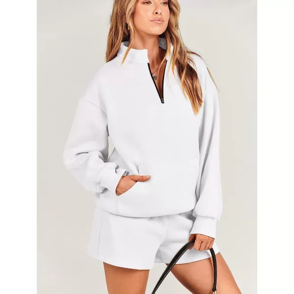 imageANRABESS Women 2 Piece Outfits Sweatsuit Oversized Half Zip Collared Sweatshirt amp Short Set Lounge Wear Tacksuit SetWhite