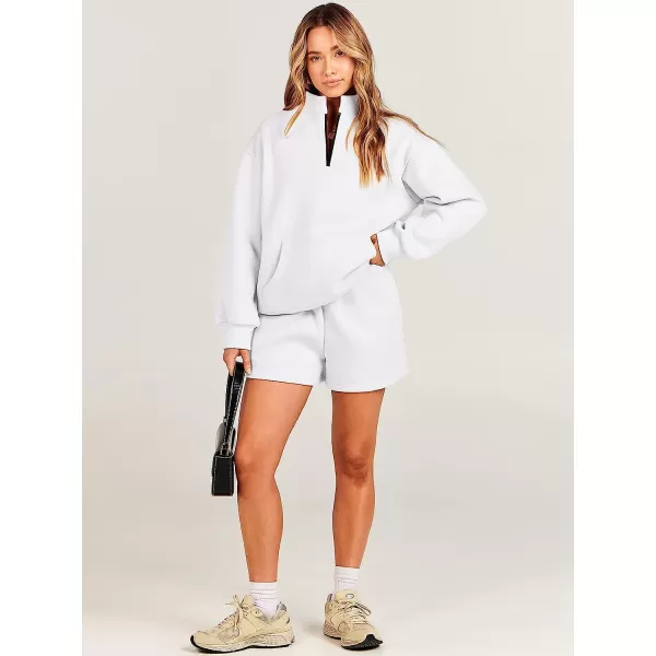 imageANRABESS Women 2 Piece Outfits Sweatsuit Oversized Half Zip Collared Sweatshirt amp Short Set Lounge Wear Tacksuit SetWhite