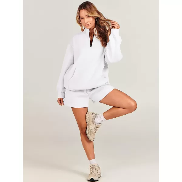 imageANRABESS Women 2 Piece Outfits Sweatsuit Oversized Half Zip Collared Sweatshirt amp Short Set Lounge Wear Tacksuit SetWhite