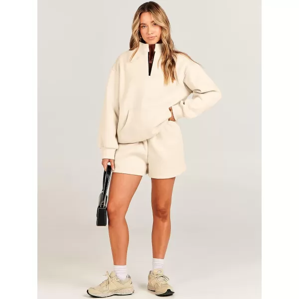 imageANRABESS Women 2 Piece Outfits Sweatsuit Oversized Half Zip Collared Sweatshirt amp Short Set Lounge Wear Tracksuit SetBeige