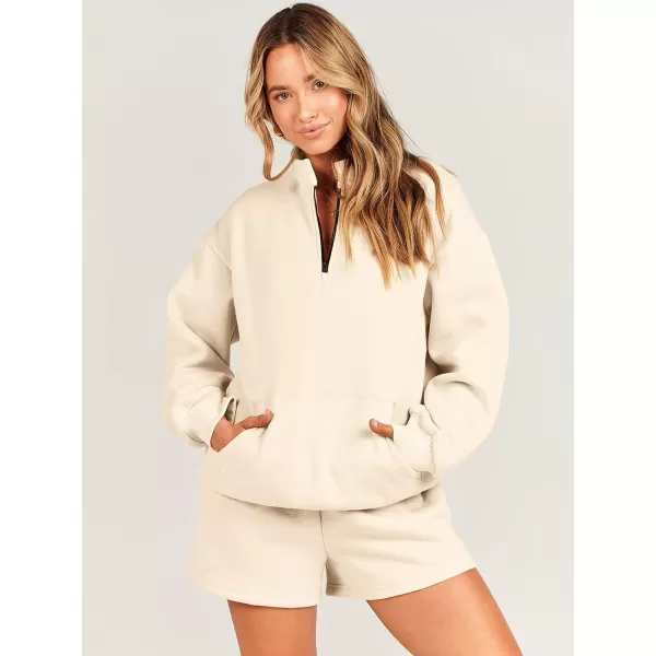 imageANRABESS Women 2 Piece Outfits Sweatsuit Oversized Half Zip Collared Sweatshirt amp Short Set Lounge Wear Tracksuit SetBeige