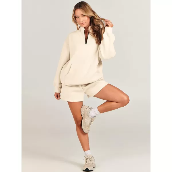 imageANRABESS Women 2 Piece Outfits Sweatsuit Oversized Half Zip Collared Sweatshirt amp Short Set Lounge Wear Tracksuit SetBeige