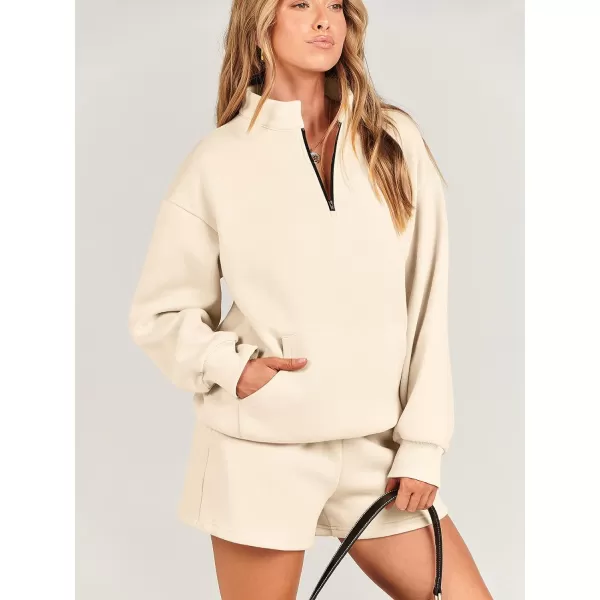 imageANRABESS Women 2 Piece Outfits Sweatsuit Oversized Half Zip Collared Sweatshirt amp Short Set Lounge Wear Tracksuit SetBeige