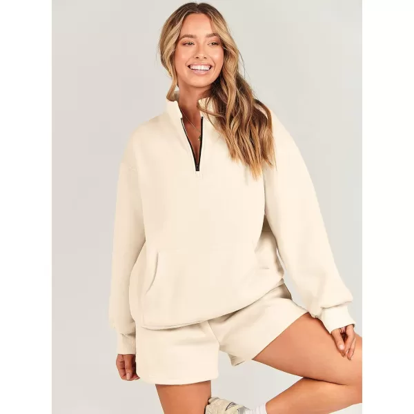 imageANRABESS Women 2 Piece Outfits Sweatsuit Oversized Half Zip Collared Sweatshirt amp Short Set Lounge Wear Tracksuit SetBeige