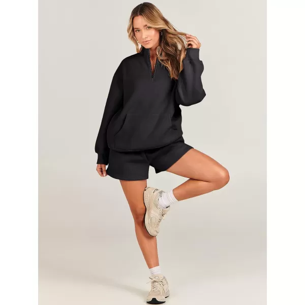 imageANRABESS Women 2 Piece Outfits Sweatsuit Oversized Half Zip Collared Sweatshirt amp Short Set Lounge Wear Tracksuit SetBlack