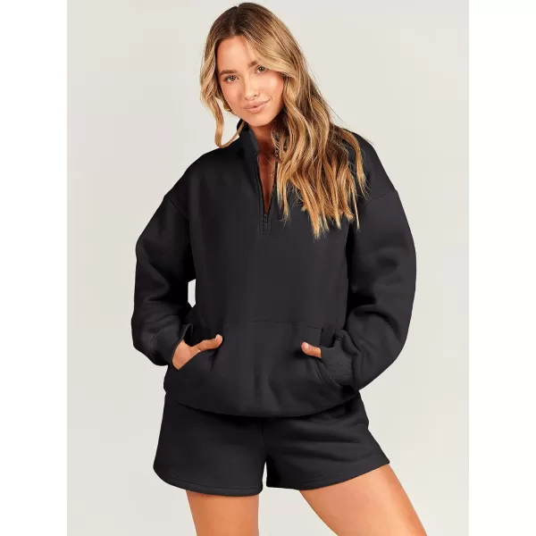 imageANRABESS Women 2 Piece Outfits Sweatsuit Oversized Half Zip Collared Sweatshirt amp Short Set Lounge Wear Tracksuit SetBlack