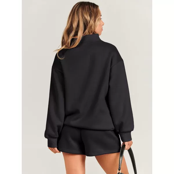 imageANRABESS Women 2 Piece Outfits Sweatsuit Oversized Half Zip Collared Sweatshirt amp Short Set Lounge Wear Tracksuit SetBlack