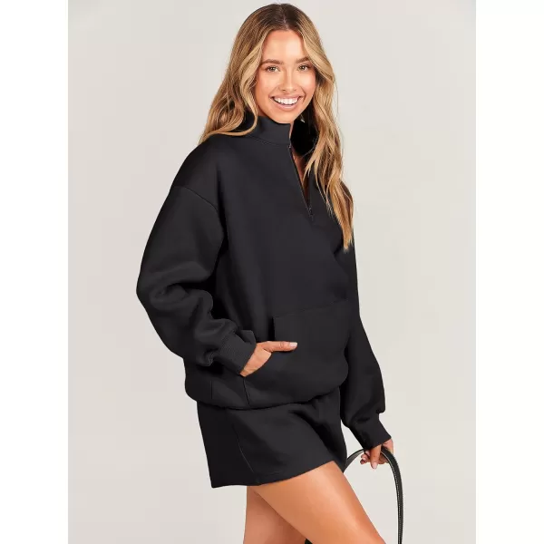 imageANRABESS Women 2 Piece Outfits Sweatsuit Oversized Half Zip Collared Sweatshirt amp Short Set Lounge Wear Tracksuit SetBlack